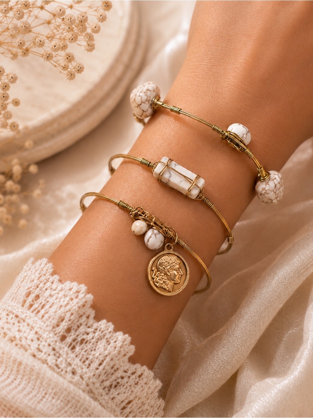 3 Bansri Boho Gold Bangle Bracelet Set White Stone Charm Stack Trio boho y2k